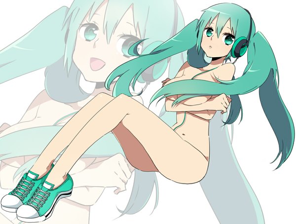 Anime picture 1056x800 with vocaloid hatsune miku long hair open mouth light erotic twintails green eyes green hair covering zoom layer covering breasts girl navel headphones wire (wires)