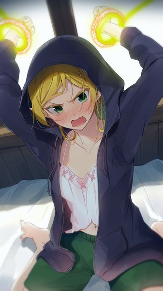Anime picture 736x1310 with isekai ojisan sui (isekai ojisan) mirai (macharge) single long hair tall image looking at viewer blush open mouth blonde hair sitting green eyes indoors pointy ears arms up open jacket embarrassed wariza bondage girl