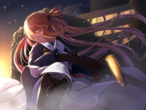Anime picture 2000x1500 with girls frontline m1903 springfield (girls frontline) bit (keikou syrup) single fringe highres hair between eyes brown hair twintails green eyes looking away very long hair wind night night sky lacing serious against wall destruction hiding