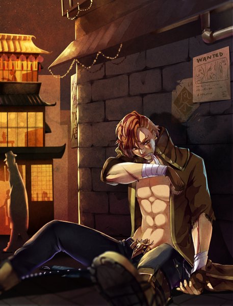 Anime picture 2000x2625 with pluehunter tall image highres short hair red eyes sitting orange hair open clothes open jacket torn clothes scar muscle silhouette architecture east asian architecture wanted boy gloves hat jacket