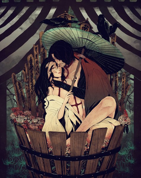 Anime picture 1000x1261 with original mdoro long hair tall image fringe short hair open mouth light erotic black hair bare shoulders traditional clothes black eyes hair over one eye teeth grey eyes couple hug bondage hand on face bdsm