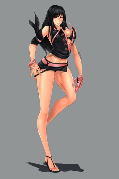 イラスト 2400x3600 と vindictus (game) caooll (co-ohol) ソロ 長髪 長身像 highres おっぱい light erotic 黒髪 simple background 笑顔 大きな乳房 茶目 looking away grey background 影 legs cameltoe 女の子 スカート