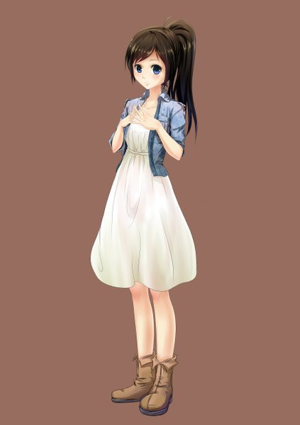 Anime picture 1748x2480 with original xiaoyin li single long hair tall image looking at viewer blush highres blue eyes black hair simple background standing ponytail girl dress boots sundress