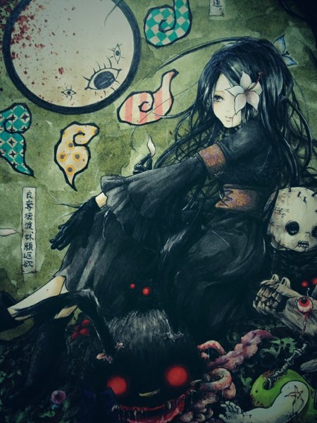 Anime picture 768x1024 with original kako (artist) single long hair tall image blush black hair smile red eyes sitting looking away traditional clothes japanese clothes lips black eyes crossed legs girl gloves flower (flowers) black gloves