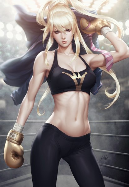 Anime picture 831x1200 with girl of the wild's yoon in gyi queen (gotw) artgerm (stanley lau) single long hair tall image looking at viewer fringe breasts blonde hair standing bare shoulders brown eyes ponytail light smile realistic bare belly muscle girl