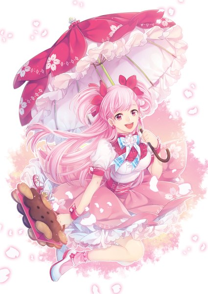Anime picture 1181x1667 with cookie run cherry blossom cookie silverbin single long hair tall image looking at viewer open mouth purple eyes pink hair girl dress bow hair bow petals umbrella