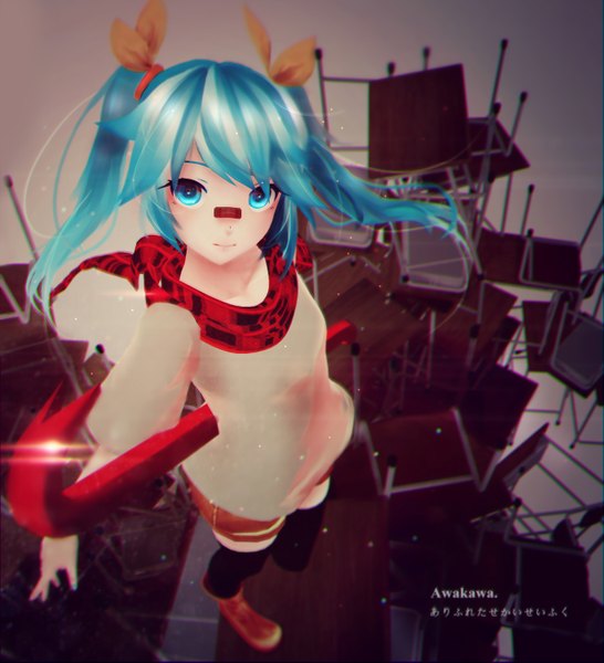 Anime picture 2731x3000 with vocaloid common world domination (vocaloid) hatsune miku awakawayui single long hair tall image looking at viewer blush fringe highres blue eyes smile standing twintails signed blue hair from above zettai ryouiki bandaid on nose