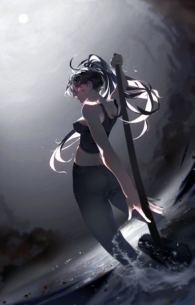 Anime picture 1666x2604 with summertime render minakata hizuru akanemir single long hair tall image looking at viewer light erotic black hair purple eyes ponytail profile from behind midriff partially submerged covered nipples blood on face girl weapon water