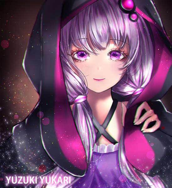 Anime picture 1000x1094 with vocaloid yuzuki yukari naramiyaya single long hair tall image looking at viewer fringe smile purple eyes twintails purple hair upper body fingernails lips character names lipstick low twintails pink lipstick girl