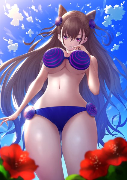 Anime picture 2480x3508 with fate (series) fate/grand order murasaki shikibu (fate) fujifuji924 single long hair tall image looking at viewer fringe highres breasts light erotic hair between eyes brown hair large breasts standing purple eyes bare shoulders sky cleavage