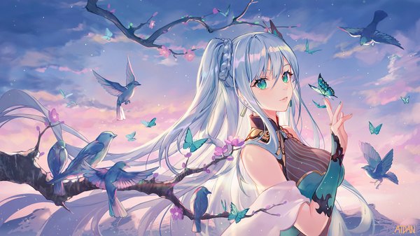 Anime picture 1440x810 with vocaloid synthesizer v cangqiong atdan single long hair looking at viewer fringe hair between eyes wide image green eyes signed sky silver hair cloud (clouds) upper body braid (braids) nail polish parted lips fingernails