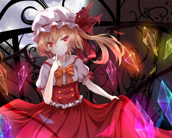 Anime picture 1400x1125 with touhou flandre scarlet pokoruru single short hair blonde hair smile red eyes finger to mouth girl dress wings moon bonnet crystal