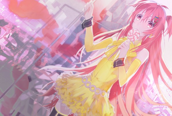 Anime picture 1200x813 with vocaloid nanase kanon kazune (baumkuchen) single long hair bare shoulders pink hair pink eyes girl dress hair ornament food sweets hairclip x hair ornament