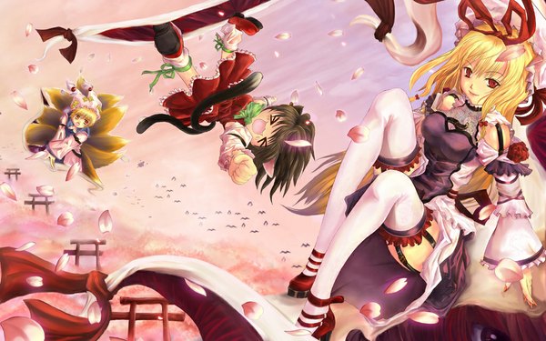 Anime picture 1024x640 with touhou yakumo yukari yakumo ran chen long hair short hair blonde hair red eyes brown hair wide image animal ears tail cat ears cat tail wallpaper fox ears cherry blossoms fox tail > < gap