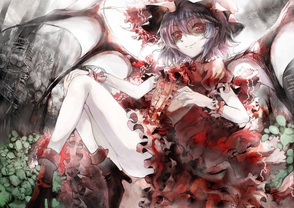 Anime picture 2308x1636 with touhou remilia scarlet ultimate asuka single highres short hair light erotic smile red eyes purple hair ass bat wings girl dress bow hat wings boots