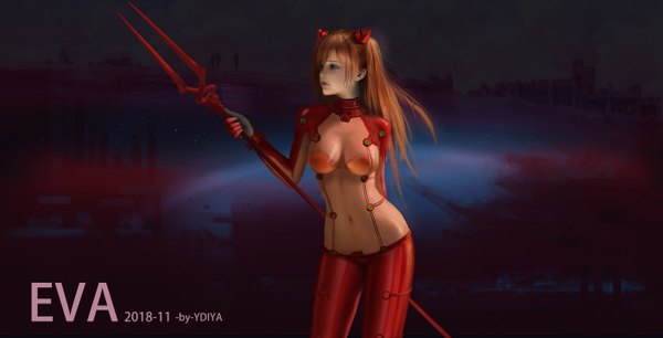 Anime picture 2818x1440 with neon genesis evangelion gainax soryu asuka langley ydiya single long hair fringe highres breasts blue eyes light erotic simple background hair between eyes wide image large breasts standing holding signed looking away lips