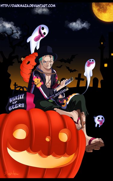 Anime picture 1249x2000 with one piece toei animation roronoa zoro darkmaza single tall image looking at viewer short hair sitting signed cloud (clouds) one eye closed green hair wink black eyes inscription coloring letterboxed scar halloween