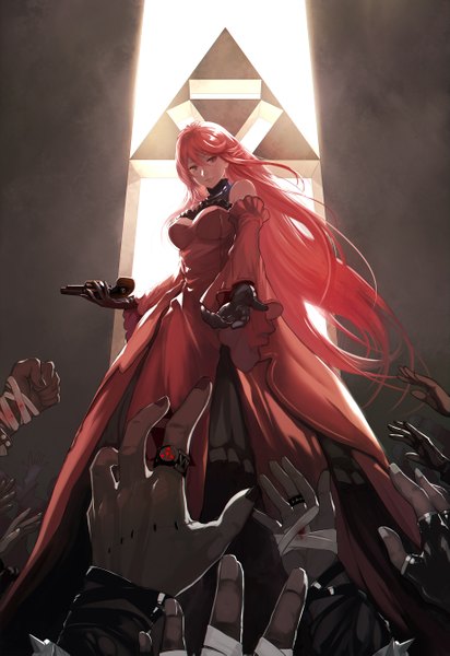 Anime picture 1837x2673 with original pixiv fantasia pixiv fantasia t realmbw long hair tall image looking at viewer highres red eyes red hair girl dress gloves weapon detached sleeves black gloves gun bandage (bandages) hands