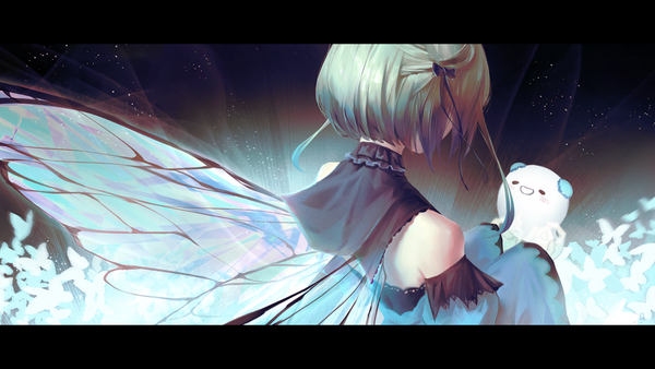 Anime picture 4000x2250 with virtual youtuber hololive uruha rushia uruha rushia (1st costume) fandead (uruha rushia) hyde (tabakko) single highres short hair wide image absurdres upper body green hair from behind letterboxed insect wings butterfly wings girl detached sleeves wings