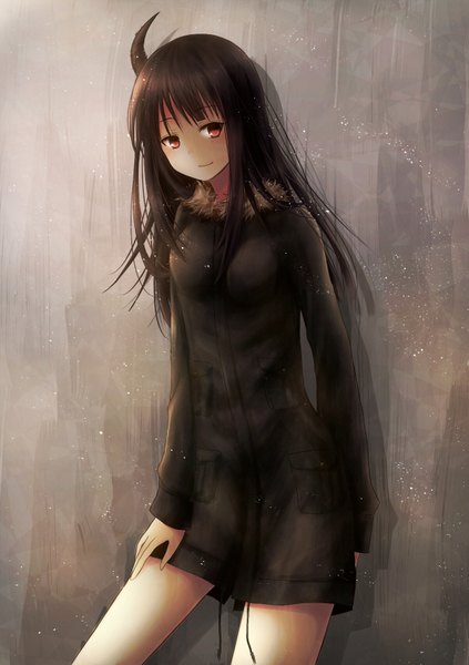 Anime picture 1200x1700 with original amano sora (artist) single long hair tall image looking at viewer black hair red eyes shadow girl jacket wall