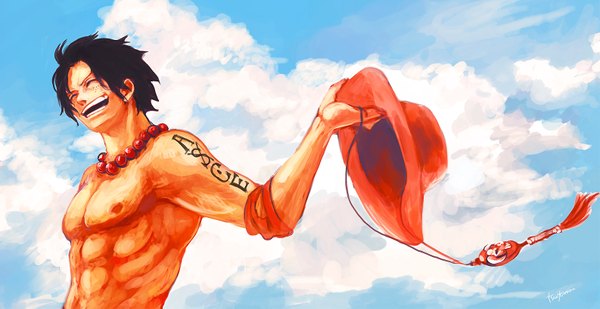 Anime-Bild 1586x819 mit one piece toei animation portgas d. ace tsuyomaru single short hair black hair smile wide image signed sky cloud (clouds) eyes closed wind tattoo freckles boy hat beads