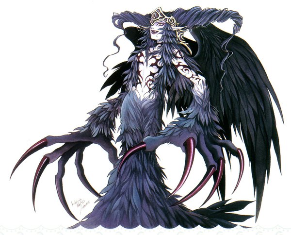 Anime picture 1606x1298 with kohime ohse long hair simple background white background signed yellow eyes blue hair pointy ears scan teeth fang (fangs) black wings laughing girl navel monster claws