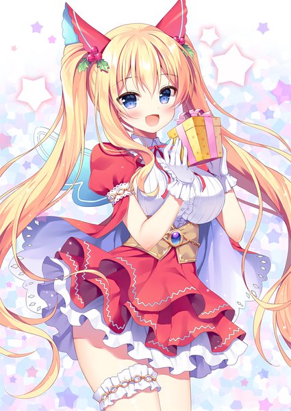 Anime picture 740x1045 with iris mysteria! lydia (iris mysteria!) mauve single long hair tall image blush open mouth blue eyes blonde hair twintails holding :d puffy sleeves girl gloves hair ornament wings white gloves star (symbol)
