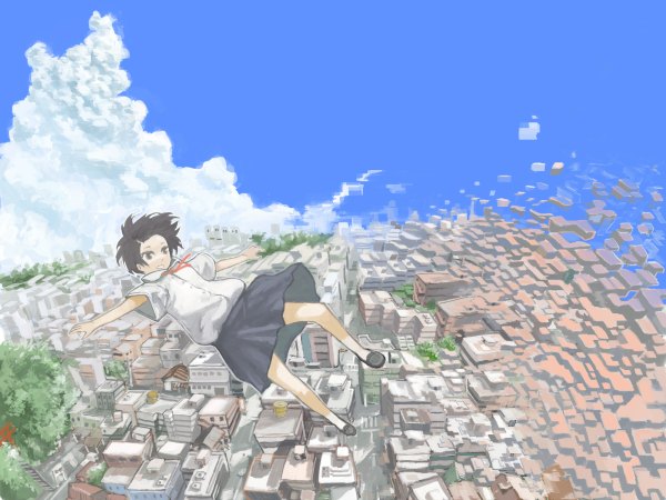 Anime picture 1200x900 with original short hair black hair sky cloud (clouds) black eyes city midair digital dissolve uniform school uniform mo-mo-ride
