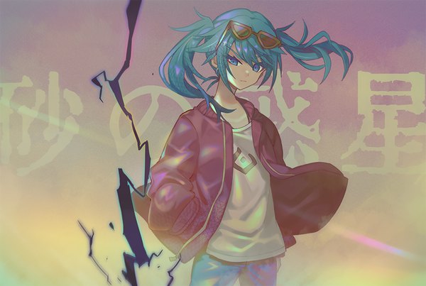 Anime picture 893x600 with vocaloid suna no wakusei (vocaloid) hatsune miku miwasiba single long hair looking at viewer fringe standing twintails payot aqua eyes wind aqua hair open jacket copyright name gradient background hand in pocket sunglasses on head lightning