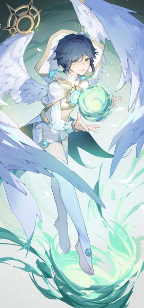 Anime picture 2506x5349 with genshin impact venti (genshin impact) venti (archon) (genshin impact) kotatsu kaya single tall image highres short hair open mouth black hair green eyes looking away full body braid (braids) :d twin braids magic white wings boy detached sleeves