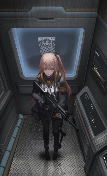 Anime picture 734x1200 with girls frontline ump45 (girls frontline) xukong single long hair tall image fringe hair between eyes brown hair standing holding yellow eyes looking away full body indoors long sleeves open jacket one side up scar expressionless