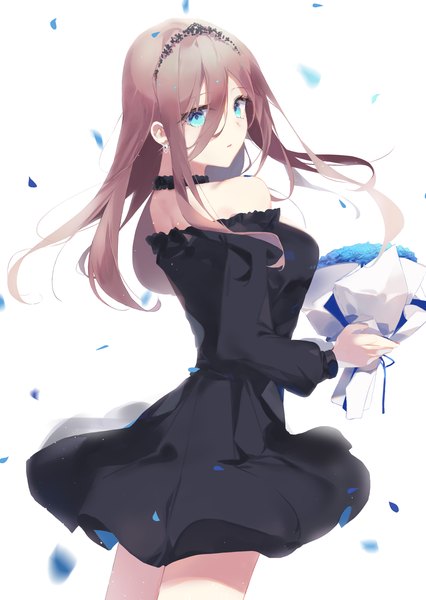 Anime picture 1896x2671 with go-toubun no hanayome nakano miku tr (hareru) single long hair tall image looking at viewer blush fringe highres breasts blue eyes simple background hair between eyes brown hair standing white background bare shoulders holding long sleeves