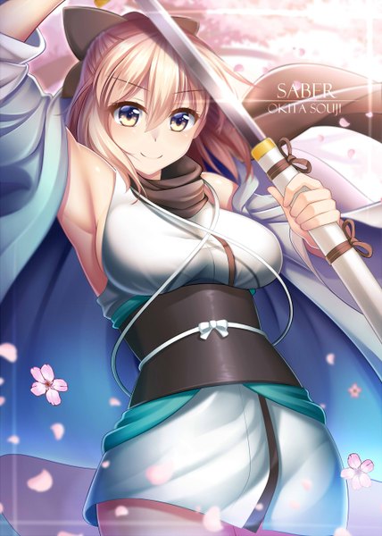 Anime picture 2000x2800 with fate (series) okita souji (fate) (all) okita souji (koha-ace) guardian-panda single tall image looking at viewer blush fringe highres short hair breasts blue eyes blonde hair smile hair between eyes large breasts standing holding traditional clothes