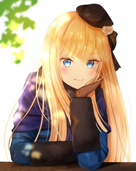 Anime picture 800x1003 with fate (series) fate/grand order lord el-melloi ii case files reines el-melloi archisorte nasii single long hair tall image looking at viewer blush fringe blue eyes blonde hair white background upper body chin rest girl gloves beret