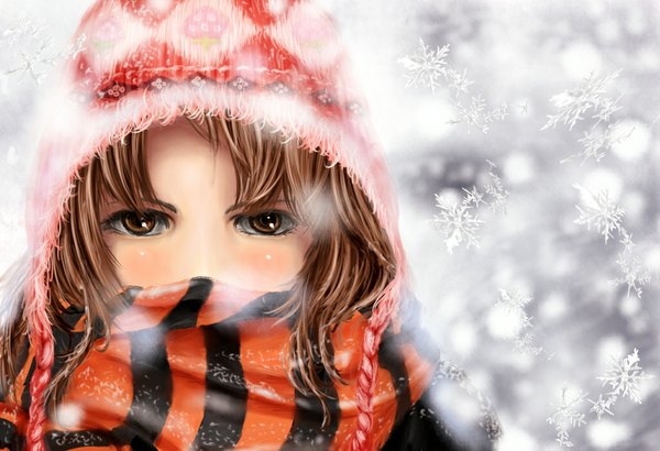 Anime picture 1024x700 with original jiro (artist) single brown hair brown eyes wind realistic portrait snowing winter exhalation cold girl hat scarf snowflake (snowflakes) winter clothes
