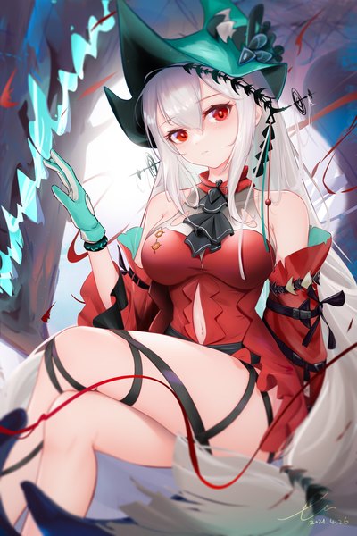 Anime picture 1200x1800 with arknights skadi (arknights) skadi the corrupting heart (arknights) liu liaoliao single tall image looking at viewer fringe breasts hair between eyes red eyes sitting bare shoulders signed white hair very long hair head tilt crossed legs official alternate costume dated