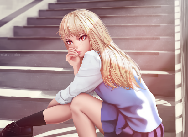 Anime picture 1440x1050 with sakura-sou no pet na kanojo j.c. staff shiina mashiro miura-n315 single long hair blonde hair red eyes sitting looking away realistic girl skirt uniform school uniform socks black socks