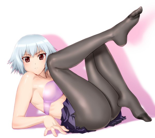 Anime picture 1100x978 with ben-tou david production yarizui sen ueyama michirou single short hair light erotic simple background red eyes white background bare shoulders ass white hair lying barefoot shadow no shoes legs girl lingerie