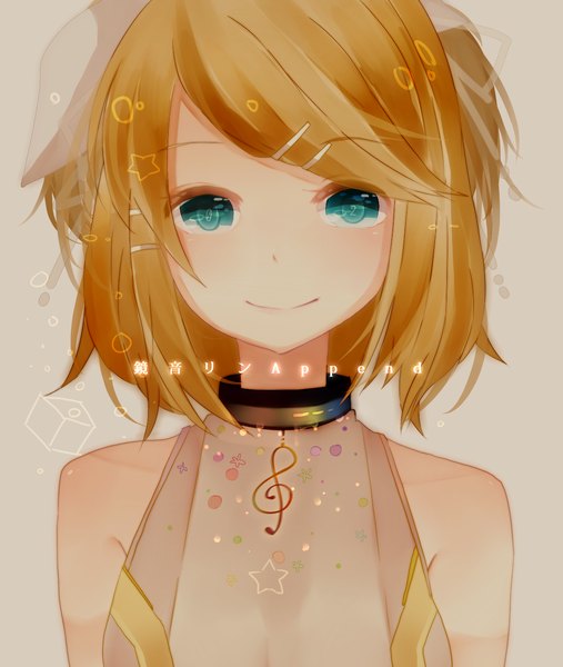 Anime picture 1100x1300 with vocaloid vocaloid append kagamine rin kagamine rin (append) itamidome single tall image short hair blonde hair smile bare shoulders aqua eyes girl bow hair bow
