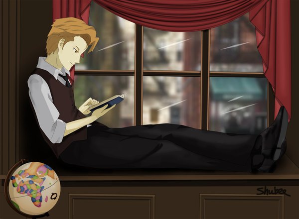 Anime picture 1500x1102 with baccano! luck gandor shubee (artist) single short hair brown hair sitting profile orange eyes reading boy necktie window book (books) vest globe