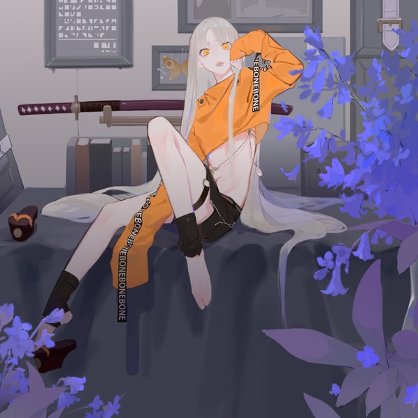 Anime picture 6000x6000 with original iris (user pskd5754) single looking at viewer highres open mouth sitting yellow eyes absurdres silver hair full body very long hair single shoe girl flower (flowers) weapon sword katana book (books) insect