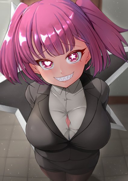 Anime picture 848x1200 with kyuuketsuki sugu shinu madhouse sanzu (kyuuketsuki sugu shinu) ocza single tall image looking at viewer short hair breasts light erotic smile large breasts twintails pink hair pink eyes teeth leaning leaning forward grin symbol-shaped pupils