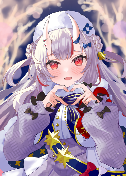 Anime picture 1516x2116 with virtual youtuber hololive nakiri ayame shinka (yonkun121) single tall image looking at viewer open mouth red eyes silver hair braid (braids) multicolored hair horn (horns) blurry streaked hair oni horns heart hands girl winter clothes