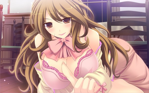 Anime picture 1024x640 with prism magical (game) long hair breasts light erotic brown hair wide image large breasts brown eyes game cg girl