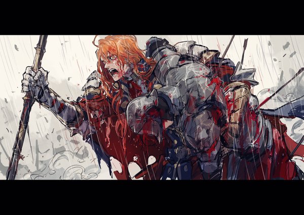 Anime picture 2048x1450 with fire emblem fire emblem: three houses nintendo ferdinand von aegir gatekeeper (fire emblem) ogata tomio long hair fringe highres open mouth hair between eyes holding looking away orange hair multiple boys orange eyes letterboxed rain blood on face bloody clothes