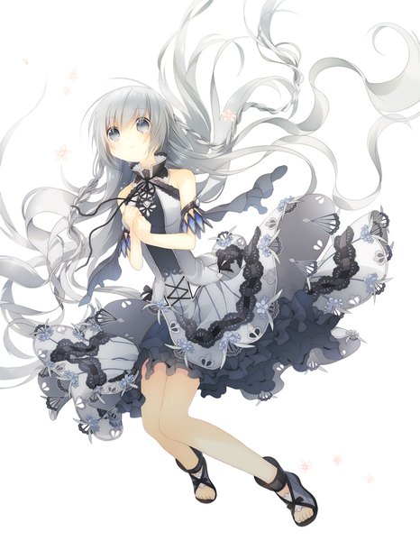 Anime picture 770x990 with original yamiko single tall image blush fringe simple background white background bare shoulders silver hair full body braid (braids) very long hair bare legs tears twin braids floating hair looking up silver eyes lolita fashion