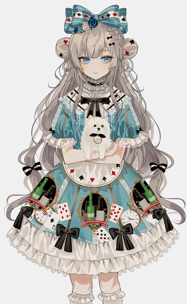 Anime picture 1138x1846 with original chiemo (xcem) single long hair tall image blue eyes simple background standing white background holding looking away grey hair hair bun (hair buns) slit pupils lolita fashion girl dress bow hair bow animal