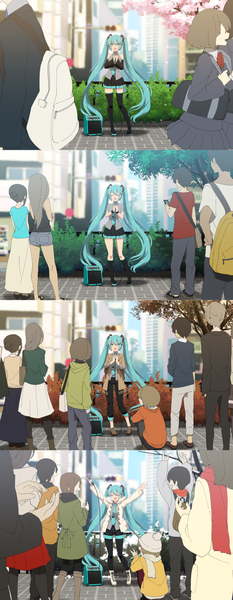 Anime picture 875x2247 with vocaloid hatsune miku matsuda toki tall image fringe open mouth smile hair between eyes standing twintails bare shoulders holding full body outdoors eyes closed very long hair aqua eyes aqua hair open clothes arms up