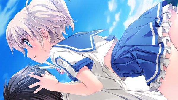 Anime picture 1280x720 with dolphin divers yashio riho senomoto hisashi short hair blue eyes light erotic wide image game cg white hair girl skirt uniform school uniform miniskirt