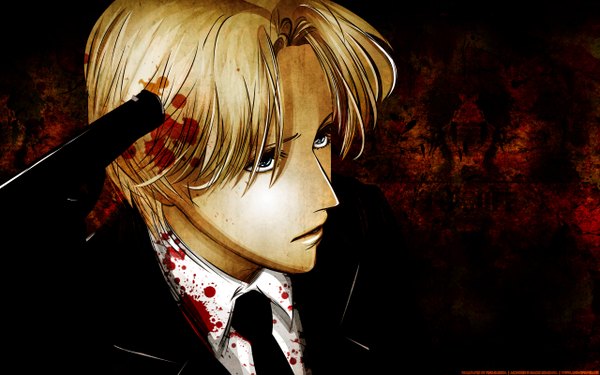 Anime picture 2560x1600 with monster (manga) johan liebert single highres short hair blue eyes blonde hair wallpaper black background blood stains boy weapon necktie gun blood suit tuxedo